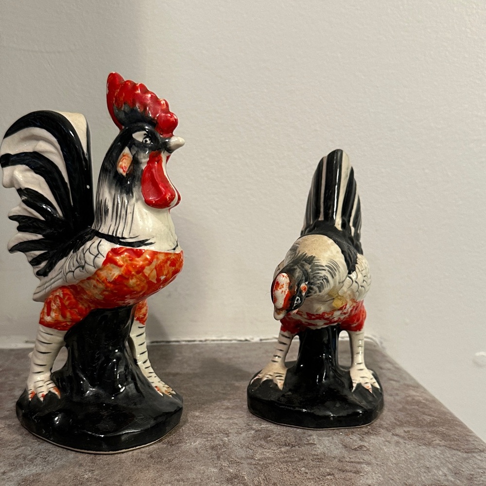 Colorful Rooster and Hen Figurine Set